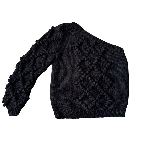 Flat White Anthropologie Sweater Womens Medium Black Bobble One‎ Shoulder Chunky - Picture 1 of 6